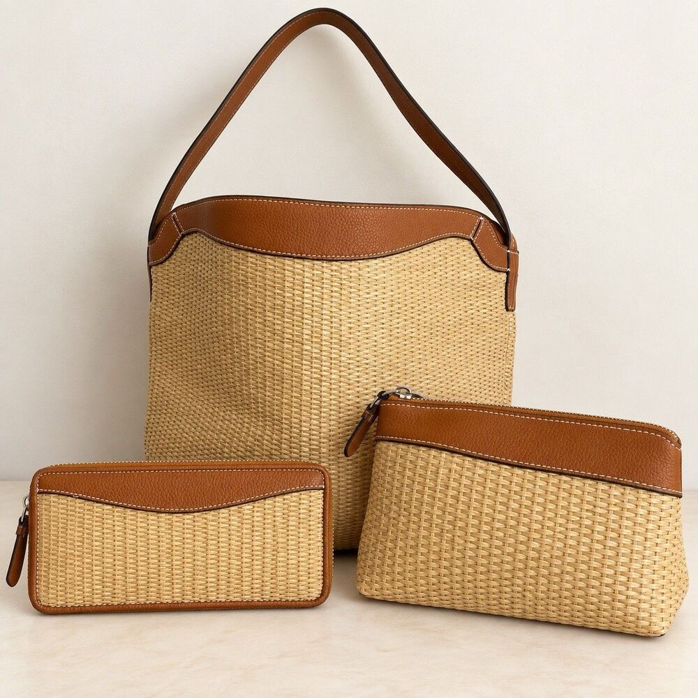 Vera Bradley Latte Woven Straw Shoulder Purse Wallet Essential Pouch 3 Piece Set